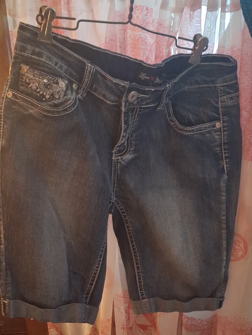 Love Indigo Dark Denim Bermuda Shorts with Embroidered Coin Pocket